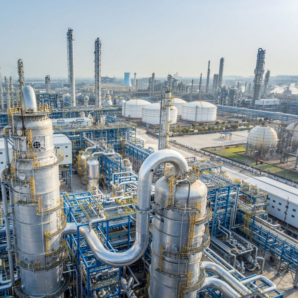 Überblick über eine gigantische Öl- und Gasanlage, bei der unterschiedliche Endprodukte raffiniert werden.