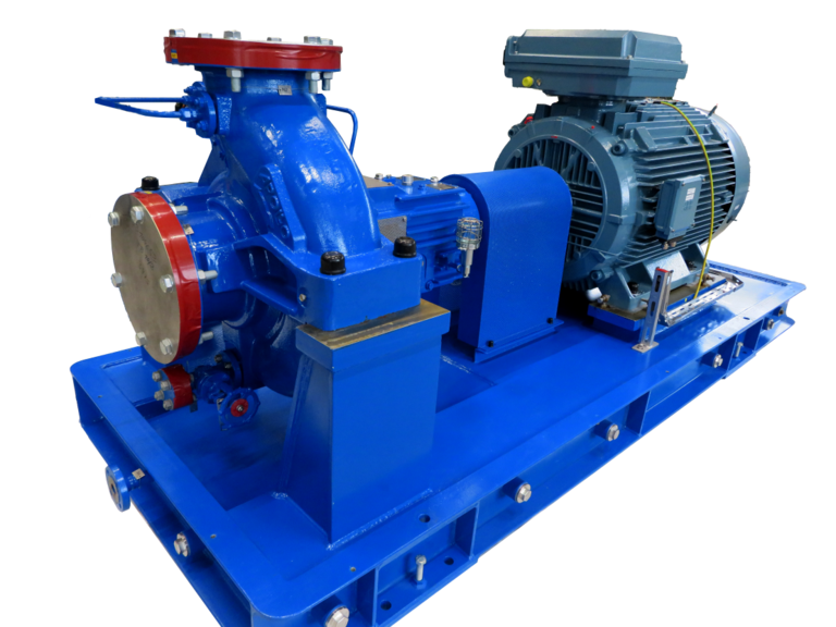 Hier sehen Sie einen Ausschnitt einer blau lackierten Apollo KRH Glycolpumpe für eine LNG-Anwendung mit E-Motor.