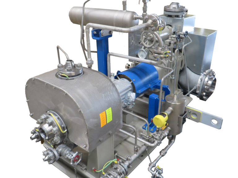 Ausschnitt eines Pumpenskids mit einer KRH - einstufigen, radial geteilten Speisepumpe mit Versorgungssystem sowie einer Turbine als Antrieb.