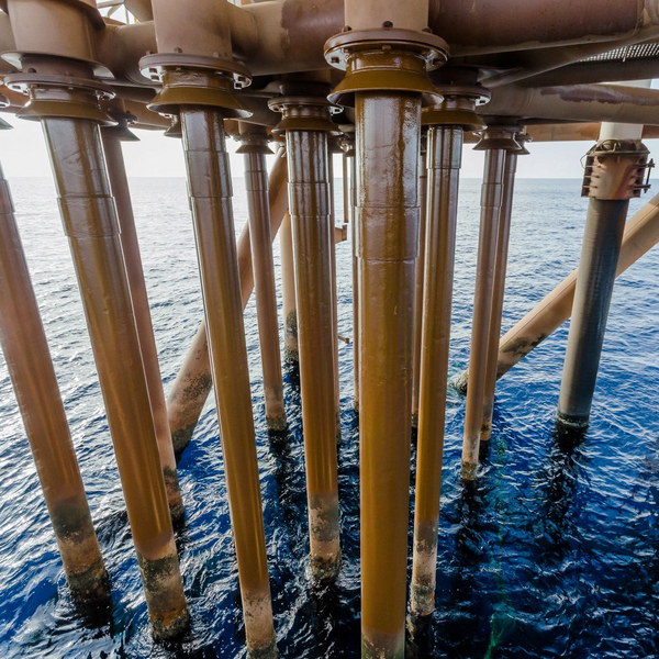 Blick auf eine Offshore-Plattform, die im Meeresboden verankert ist um den rauen Bedingungen wie Meeresströmung und hohen Wellengang standzuhalten.