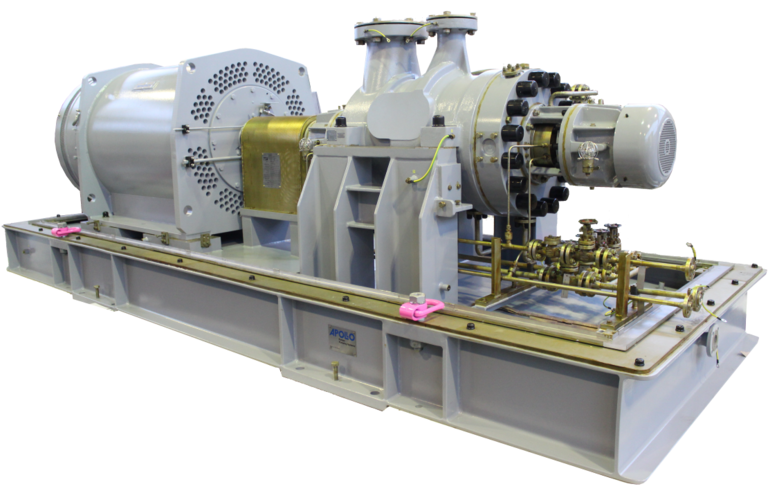 Freigestelltes Bild einer mehrstufigen BB5-Barrelpumpe als Back-to-Back-Version für den Offshore-Einsatz mit allen relevanten Materialien und Farbgebungen für den Einsatz auf hoher See.