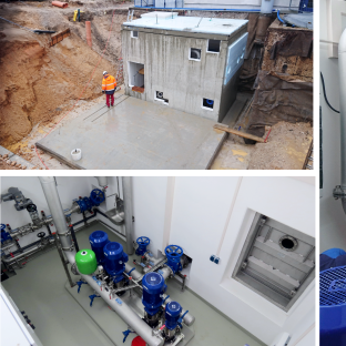 Bildcollage aus 3 Bildern. Ein Bild zeigt Baustelle mit Erdaushub, in der Mitte ist eine Betonbodenplatte mit einem montierten Container und ein Arbeiter mit Warnweste steht vor dem Container. Zweites Bild zeigt Blick von Oben in den Container mit Druckerhöhungsanlage und Verrohrung. Drittes Bild zeigt die Druckerhöhungsanlage für die Wasserversorung eines Krankenhauses als Nahaufnahme wobei ein Arbeiter mit Apollo Warnjacke die Anlage am System anschließt.