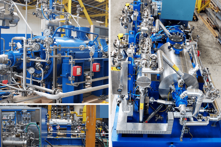 Collage aus drei Bildern mit unterschiedlichen fotoperspektiven einer API 610 konformen BB5 Speisepumpe für eine Raffinerieanwendung mit Schmierölsystem, Verrohungen, Wärmeisolierung, Kühlsystem