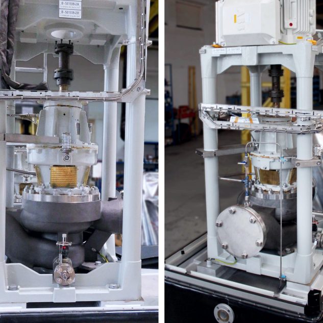 Zwei Nahaufnahmen einer Apollo KRI Offshore OH3 Pumpe, welche fertigt zu Auslieferung in der Montagehalle von Apollo steht. Das Pumpengehäuse besteht aus Titan Material für die anspruchsvolle Förderung von heißem Meerwasser auf einer Bohrinsel.