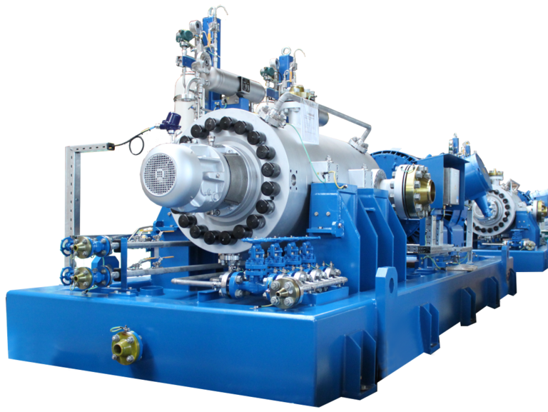 Komplettes TG Pumpenaggregat ohne Hintergrund als Frontalansicht, Pumpengehäuse hat ein seitlichen Saugstutzen am Barrel, im Hintergrund sieht man eine zweite baugleiche Pumpe.