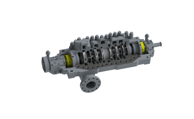 AMG - Schnittbild 3D Schnittdarstellung mit Viertelausschnitt sodass alle Innenbauteile der BB3 Pumpe deutlich zu sehen sind.