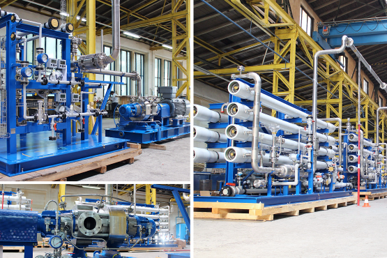 Collage aus drei Bildern einer Nanofiltrations-Entschwefelungsanlage. Zu sehen sind Detailaufnahmen einer anschlussfertigen Nanofiltrationsanlage inklusive Armaturen und Messtechnik sowie eines Hochdruckpumpenskids vom Typ HP von Apollo Gößnitz.