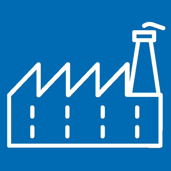 Ein blaues Symbolbild mit Fabrikanlagen symbolisiert die allgemeine Industrie.