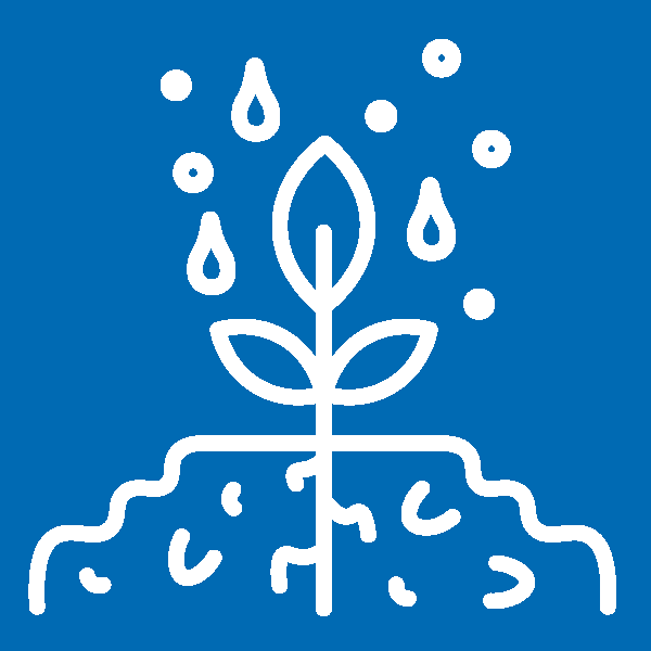 Düngemittel Ein blaues Symbolbild mit Erdhaufen aus dem eine Pflanze wächst und Düngemittel darüber gestreut wird, steht für die Düngemittelindustrie.