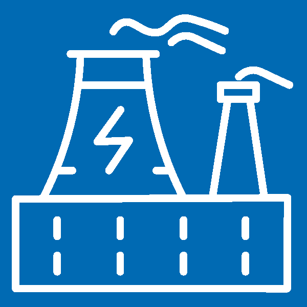 Ein weißes Symbolbild mit einem Kraftwerk und Schornstein repräsentiert die Energiegewinnung. Der Hintergrund ist blau.