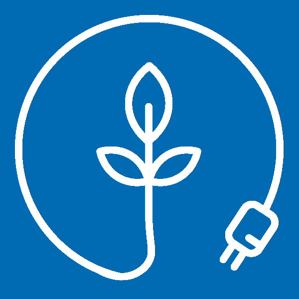 Ein weißes Symbolbild, das eine Pflanze mit drei Blättern zeigt, um die sich ein Stromkabel mit Stecker windet, repräsentiert die Industrie der erneuerbaren Energiegewinnung. Der Hintergrund ist blau.