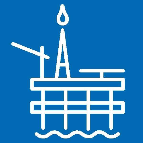 Ein weißes Symbolbild mit einer Offshore-Bohrinsel repräsentiert die Offshore-Industrie. Der Hintergrund ist blau.